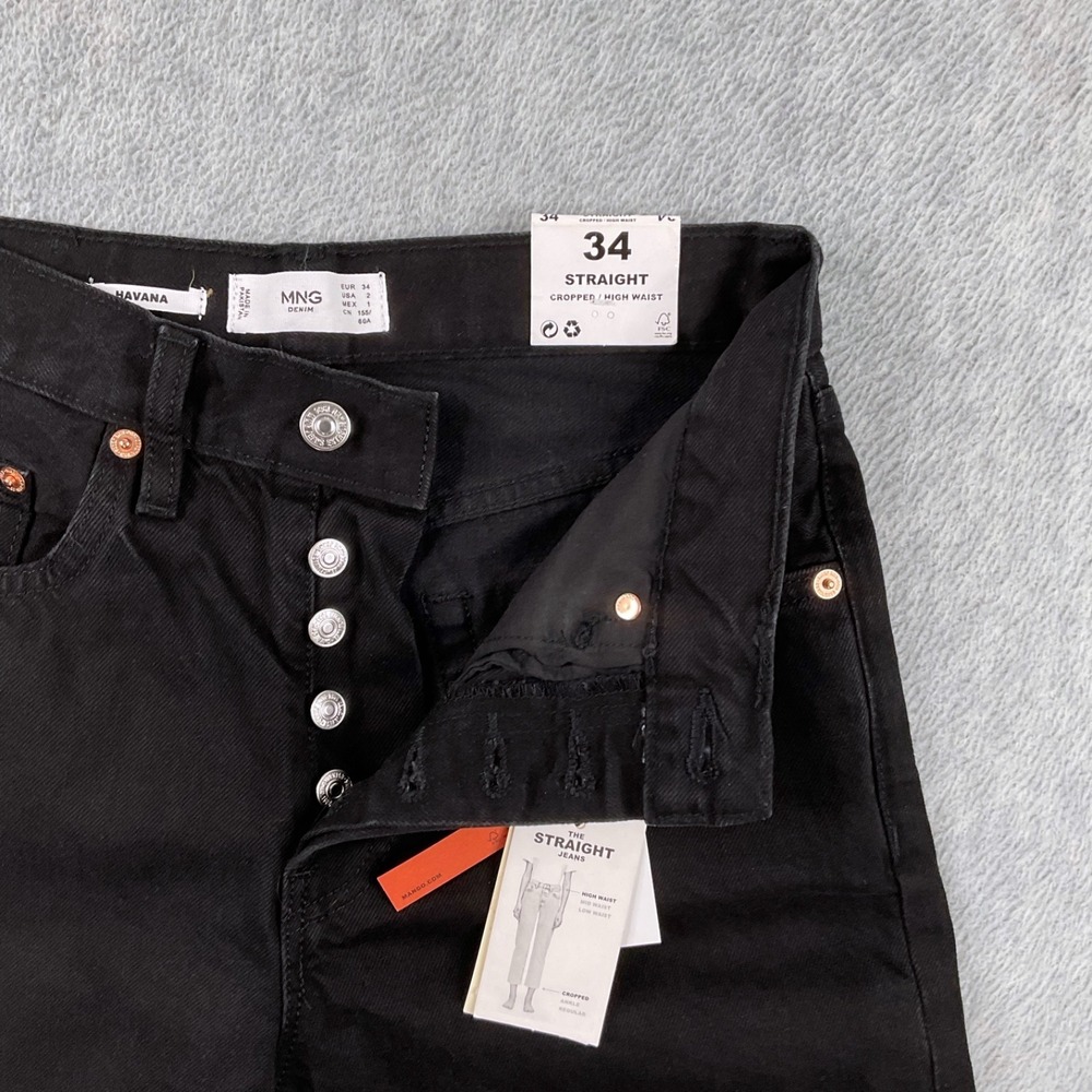 MNG Mango JeansHavana High Waisted Straight Leg‎ Black Frayed Hem Womens 2 NEW - Picture 7 of 16